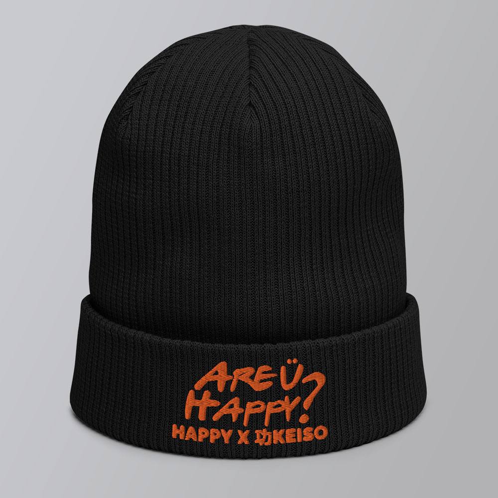 Gorro negro de algodón sostenible con el logo de la colección Are ü Happy Orange - HAPPY x KEISO bordado. Gorro para breakers, bboys y bgirls