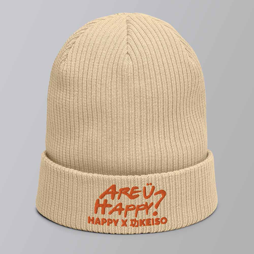 Gorro beige de algodón sostenible con el logo de la colección Are ü Happy Orange - HAPPY x KEISO bordado. Gorro para breakers, bboys y bgirls