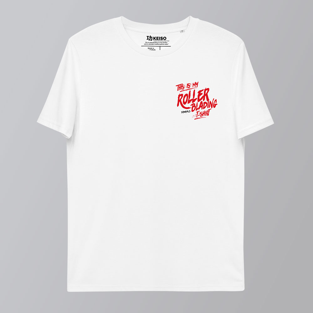 Camiseta blanca de algodón ecológico para bladers y rollers con el diseño KEISO TIM Rollerblading brush en el pecho.
