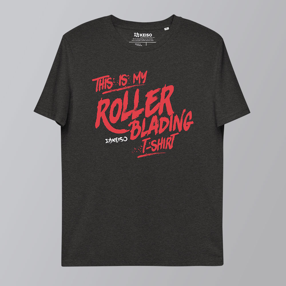 Camiseta gris oscuro de algodón orgánico para bladers y rollers con el diseño KEISO TIM Rollerblading BRUSH en el pecho.