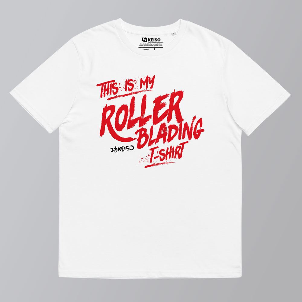 Camiseta blanca de algodón orgánico para bladers y rollers con el diseño KEISO TIM Rollerblading BRUSH en el pecho.