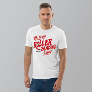 Camiseta blanca de algodón orgánico para bladers y rollers con el diseño KEISO TIM Rollerblading BRUSH en el pecho.